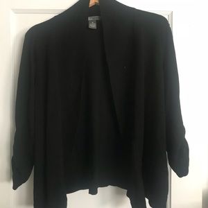 Black 3/4 cinch sleeve open front cardigan sweater